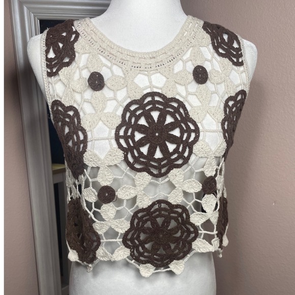 Rebellion Again Tops - Rebellion Again Women XS Brown Cream Crochet Floral Crop Top‎ Vest 27588 Boho